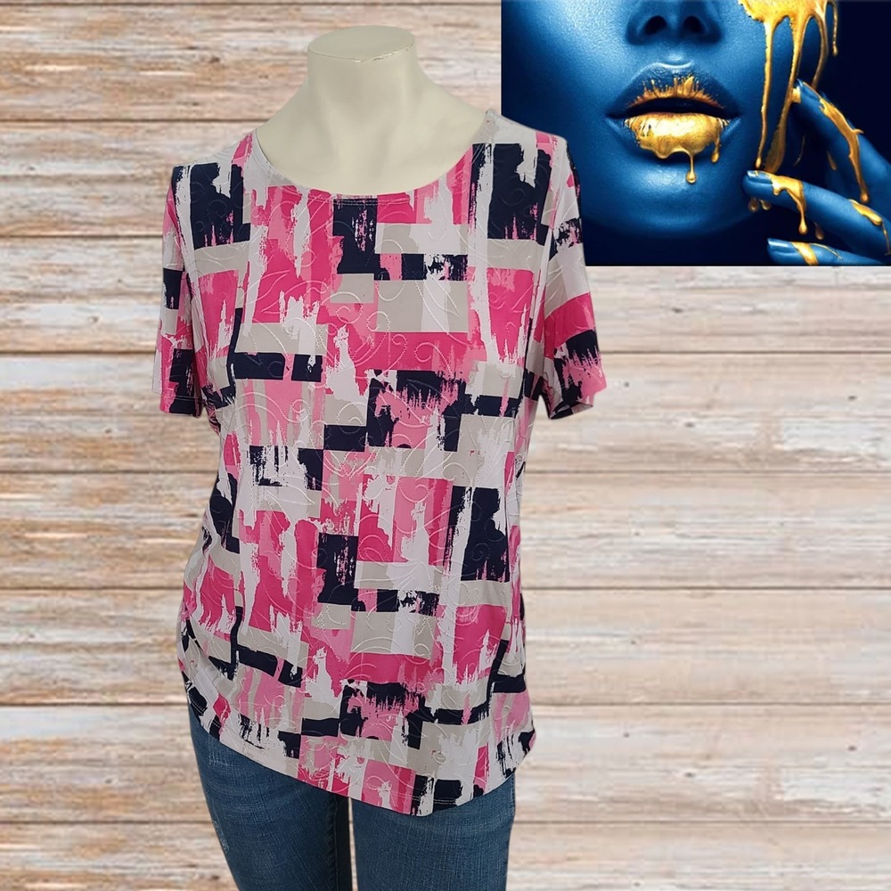JM Collection‎ Textured Blouse Womens Short Sleeve Stretch Sz M